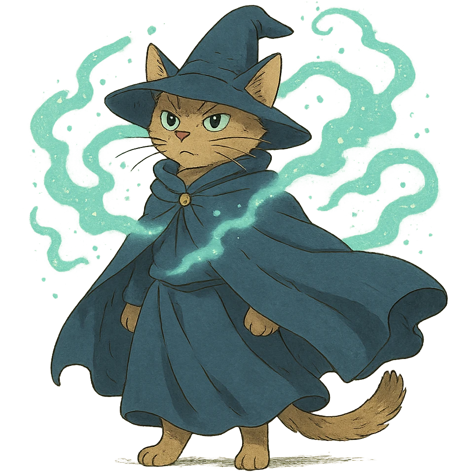ghibli style wizard cat with a flowing cloak and magical aura emoji