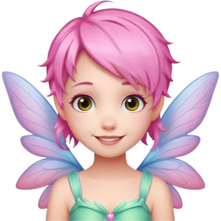 A tiny pastel fairy with pink hair with glowing wings and a sweet smile  emoji
