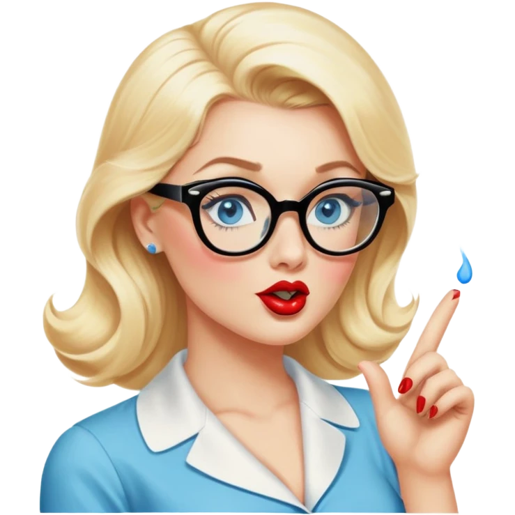 Blonde hair, blue eyed, wearing glasses 50's style pinup blowing a kiss emoji