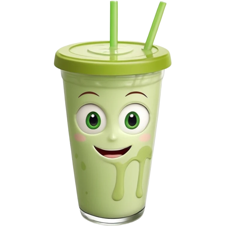 un vaso de batido animado, de caricatura, con tapa y pitillo, que tenga brazos y piernas, cara tierna y que inspire confianza y amabilidad emoji