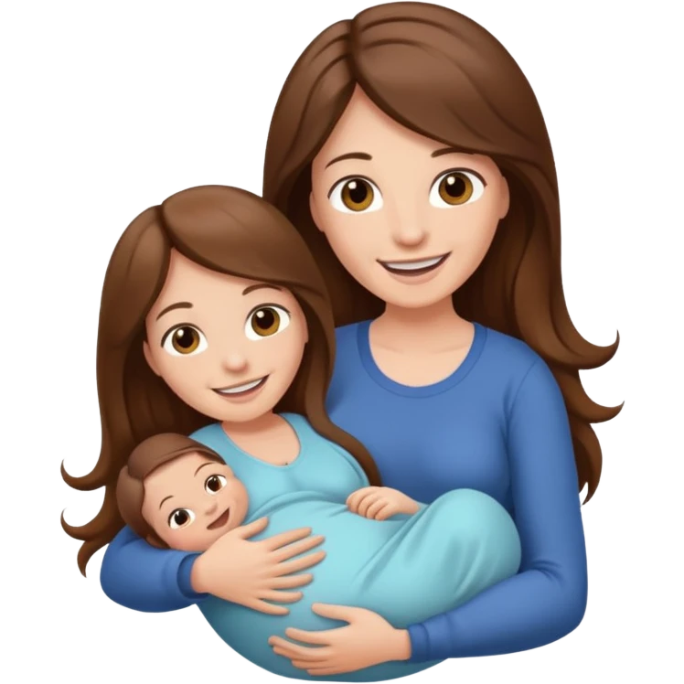 Mom with long brown hair give a birth smiling emoji