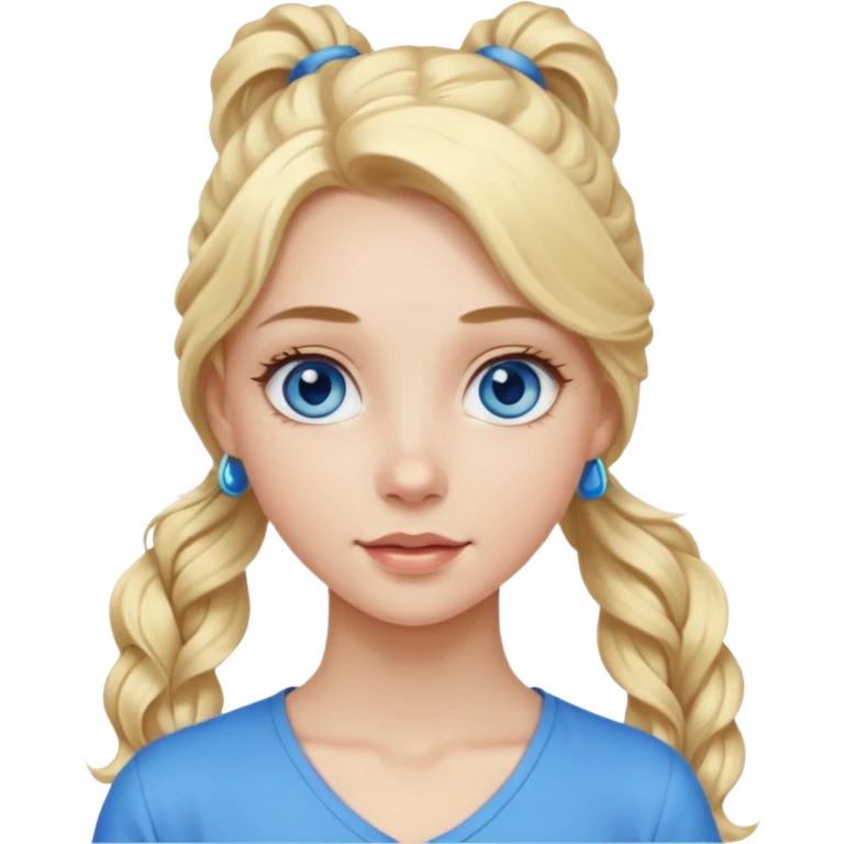 A pale girl with blue eyes and long and blonde , wavy hair in a pony tail emoji