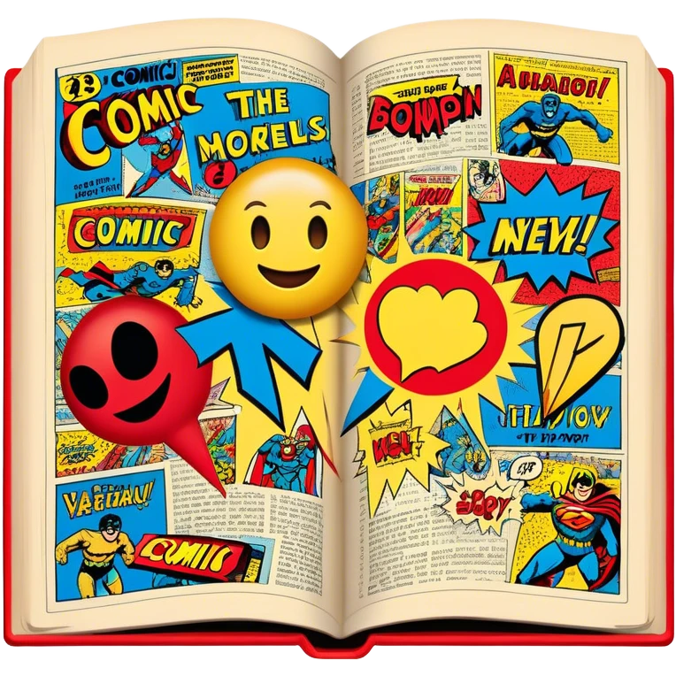 Create a vibrant emoji representing comic books and graphic novels as an art form. The design should feature a large, open comic book with vintage comic panels on the pages. Include a pencil (without a hand) gently writing text or sketching on the pages. The comic panels should have bold lines and retro-style artwork with classic comic book visuals. Use bright, energetic colors like red, yellow, and blue to evoke excitement and creativity. The overall design should feel dynamic, vintage, and artistic. Make the background transparent. emoji
