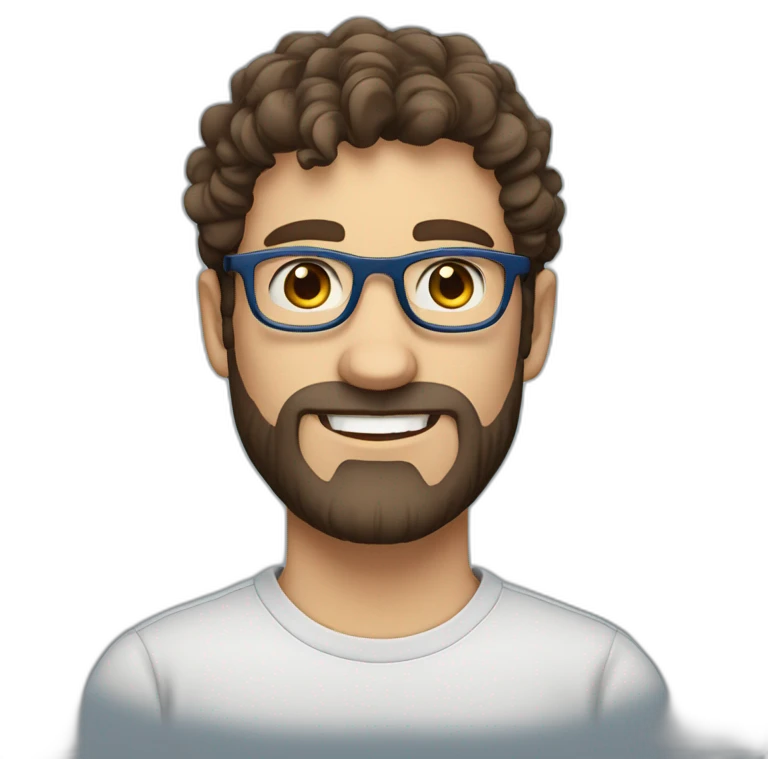 one european guy with short curly dark hair and beard and blue eyes and brown glasses emoji