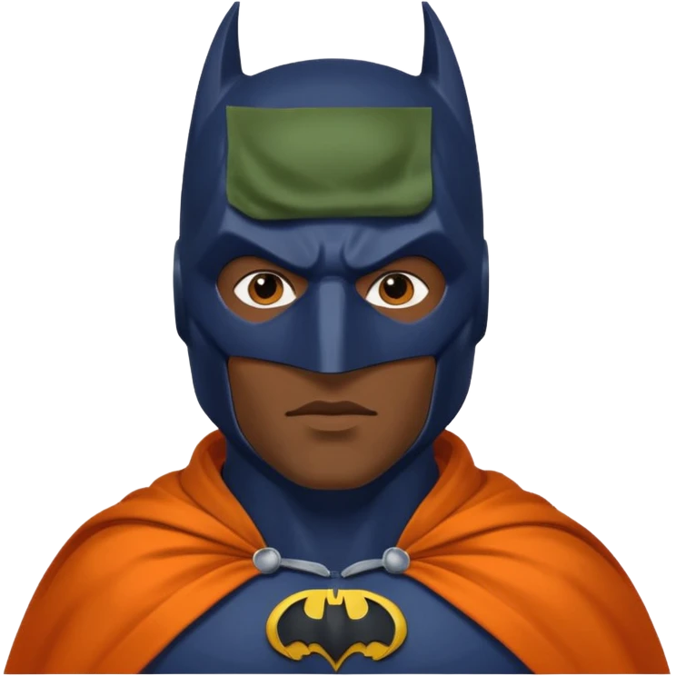 generate a batman emoji with just the face and neck showing and part of the cloak and and wings. Shade the mask in dark navy blue. Shade the wings in a medium olive green. Shade the cloak in a solidt vibran orange emoji