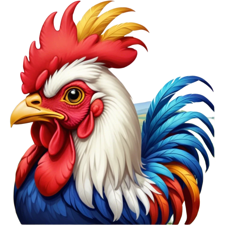Cinematic Realistic depiction of a proud French rooster, rendered with detailed, textured feathers and a vivid, colorful comb, set against a rustic French countryside backdrop with soft, warm lighting emoji