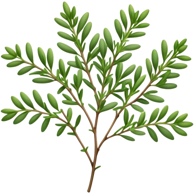 Cinematic Realistic Thyme Emoji, Compact and earthy, with tiny green leaves densely packed on delicate stems. The soft fragrance of the leaves fills the air, creating an atmosphere of warmth and subtle richness. Soft glowing outline, capturing the essence of simplicity and natural healing in a sprig of thyme! emoji