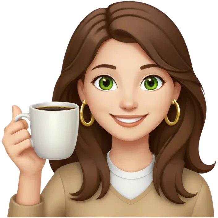 Long, Brown haired girl with middle hair part, green eyes, gold hoop nose ring, smiling, waving with one hand, coffee mug in the other emoji