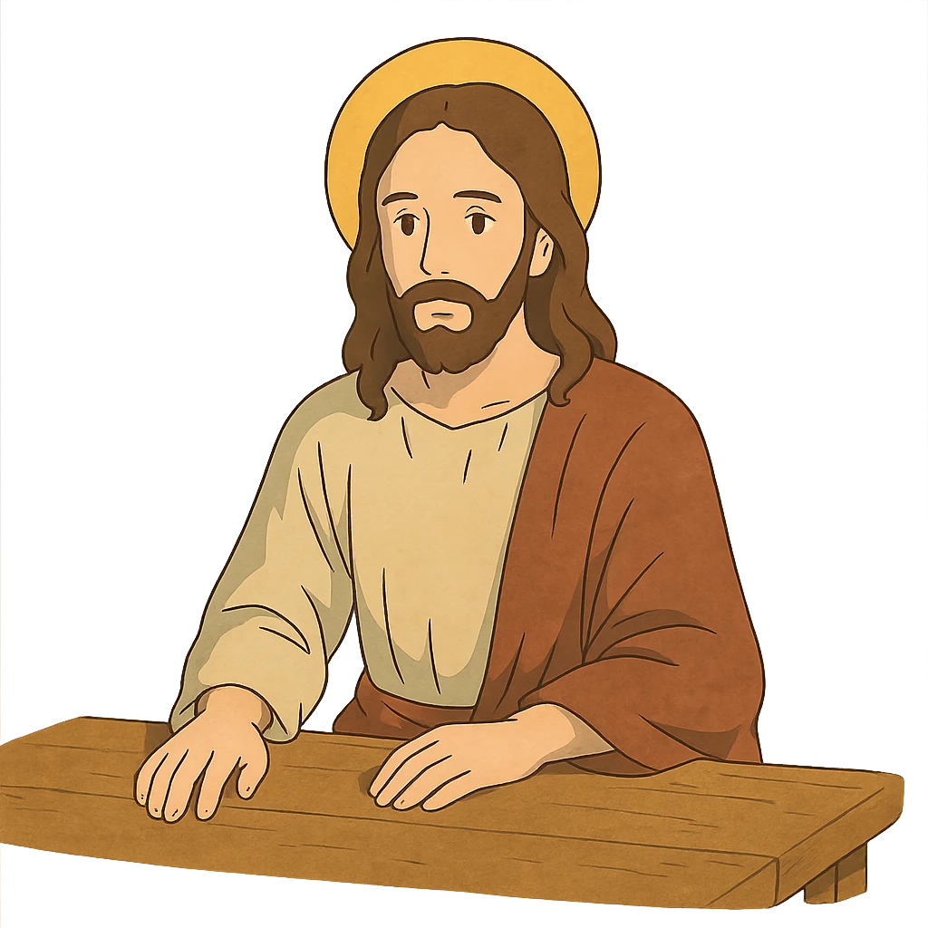 ghibli style Jesus sitting at a table emoji
