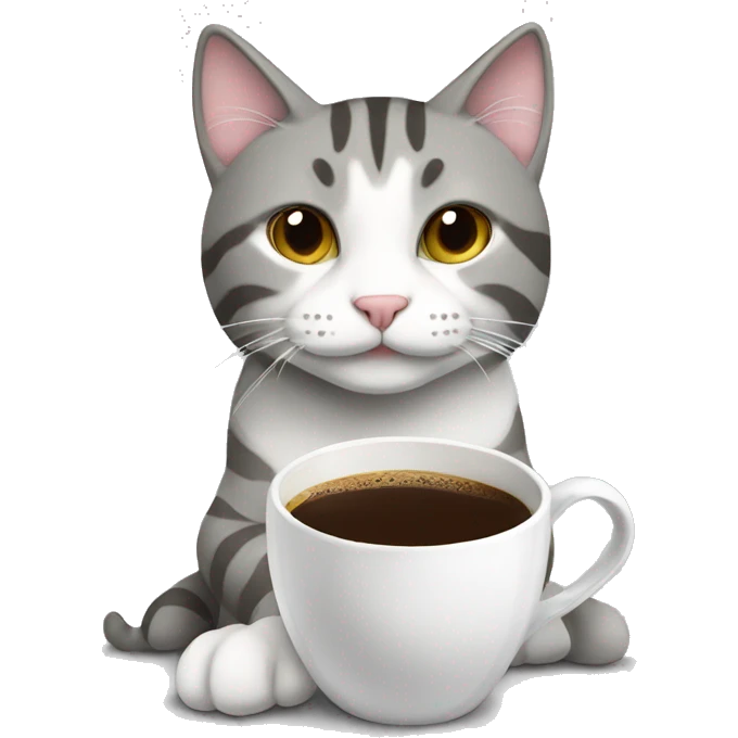 Grey and white tabby cat drinking coffee emoji