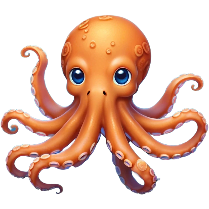 Cinematic Cute Octopus Portrait Emoji, Head tilted playfully and inquisitively, featuring a rounded, light orange body embellished with playful blue rings, eight adorably curling arms, and big, twinkling eyes full of wonder, Simplified yet irresistibly adorable features, highly detailed, glowing with a warm, inviting underwater glow, high shine, affectionate and lively, stylized with a touch of whimsical cartoon charm, soft glowing outline, capturing the essence of a mischievous yet loving octopus that seems as if it could bob out of the screen into your arms! emoji