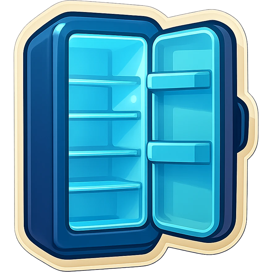 Open modern refrigerator with door slightly ajar, soft blue light glowing from inside, simple shelf shapes, no food details, rounded vector style, clean and minimal, sticker-like. emoji