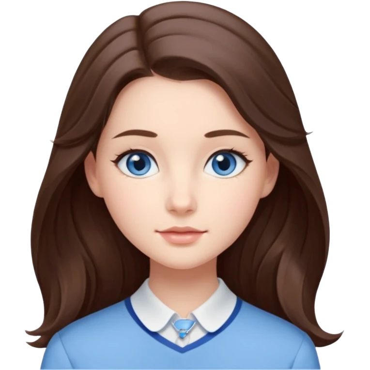 Realistic Student Portrait, with porcelain-like skin featuring a natural rosy flush, iHer Brunette Half-Up Style for Straight  hair flows in soft, Her deep blue eyes radiate warmth and innocence,  wear light blue preppy style. emoji