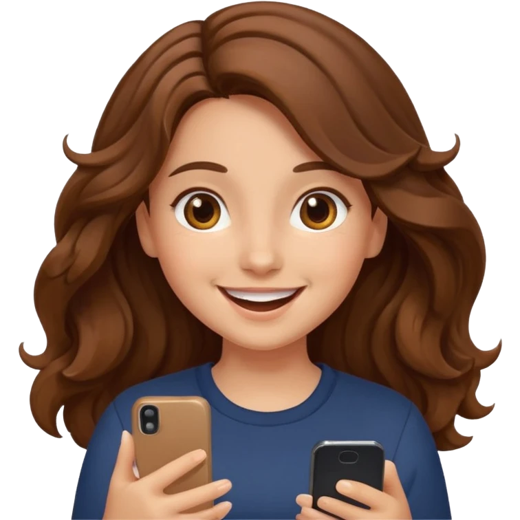Girl with wavy brown hair Looking at phone and in love and she is excited and hot emoji