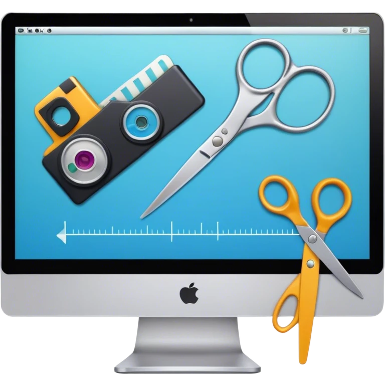 Create an emoji for video editing. Show a computer screen with a video timeline, clips, and editing tools (e.g., scissors). Add a video camera. Use modern, professional colors. Do not include any emojis or smiley faces. Make the background transparent emoji