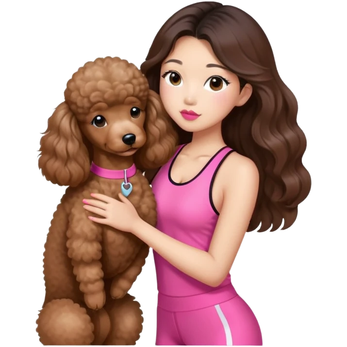 a asian lady with long balayage hair, long lashes, kissing a brown poodle, wearing pink gym outfit emoji