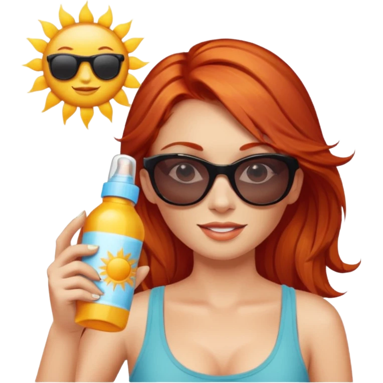 female red haired with suncream bottle and sunglasses, with sun burned emoji