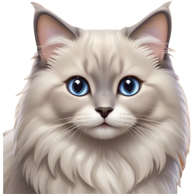 Cinematic Adorable Fluffy Grey Ragdoll Cat Portrait Emoji, Head tilted cutely with big, sparkling eyes, soft grey fur with lighter tones around the face and paws, Simplified yet irresistibly adorable features, highly detailed, glowing with a soft, warm glow, high shine, affectionate and playful, stylized with a touch of whimsy, bright and endearing, soft glowing outline, capturing the essence of a curious and loving kitten, so cute it feels like it could leap out of the screen and snuggle up for a cuddle! emoji