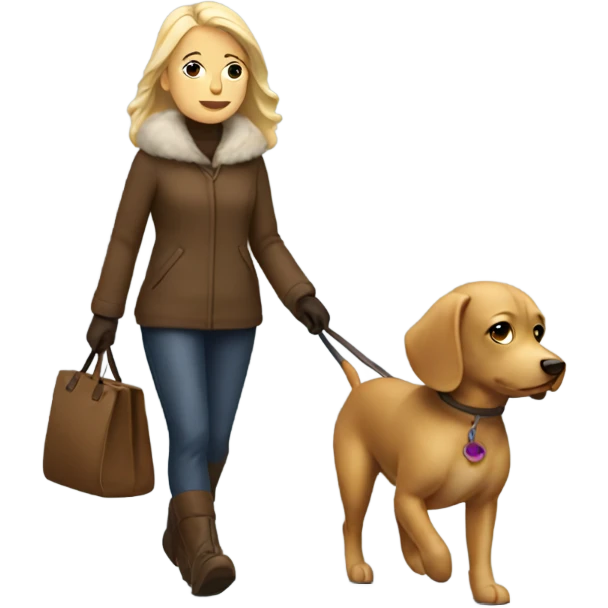 A blonde woman walking a tiny brown dog both look like they are freezing and cold emoji