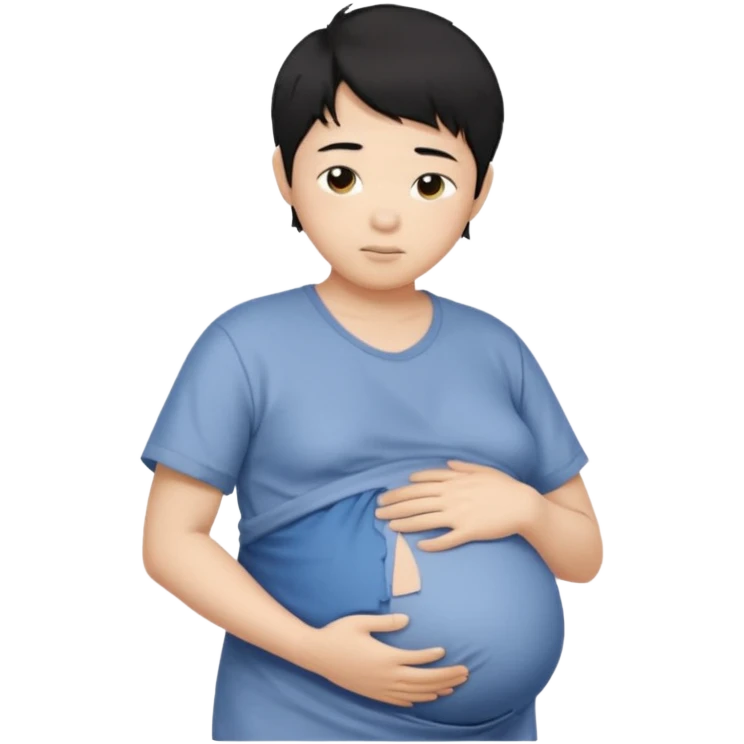 pregnant asian boy with short messy black hair holding his belly embracing his pregnancy emoji