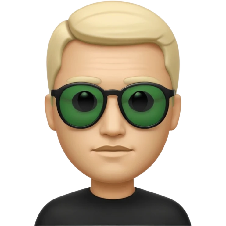 3D memoji-style emoji like Apple Memoji, male character wearing black sunglasses, smooth rounded face, minimalist design, inspired by The Matrix movie, subtle green matrix glow, dark background, cinematic lighting, high quality. emoji