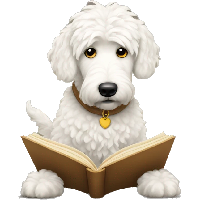 White golden doodle reading a book emoji