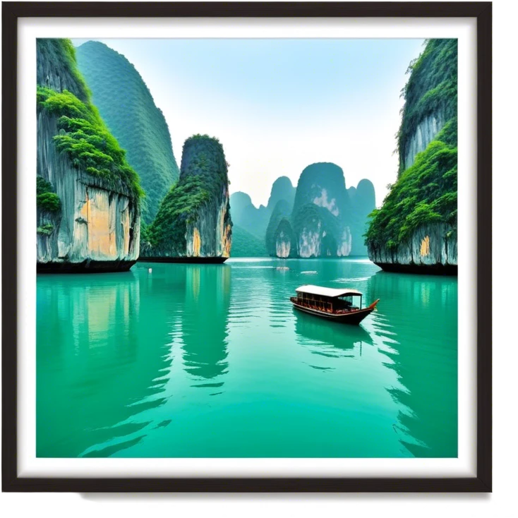 Cinematic Realistic Ha Long Bay Landscape Emoji, depicted with limestone karsts emerging from emerald waters rendered with intricate detail and dynamic natural lighting. emoji