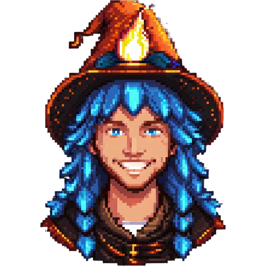 A cool guy with light skin, blue eyes, long hair, smiling, with a fire magic hat emoji