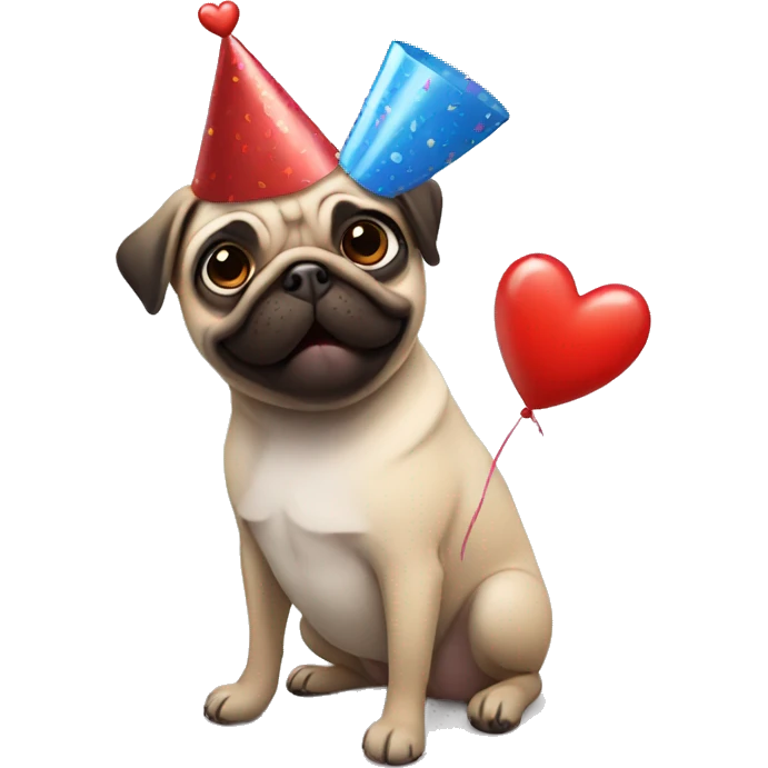 Pug wearing a birthday hat holding a heart  emoji