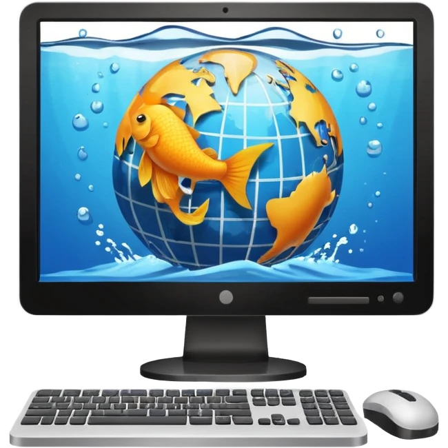 desktop computer with globe and splash in background and fish  emoji