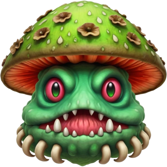 poisonous mushroom beast portrait, head and shoulders only, creature made mostly of mushroom flesh, thick mushroom cap head, layered fungal textures, toxic green spore glow, animal-like eyes, fantasy monster pet vibe, 3D cartoon, mobile game icon style, clean background, no text, no watermark

 emoji