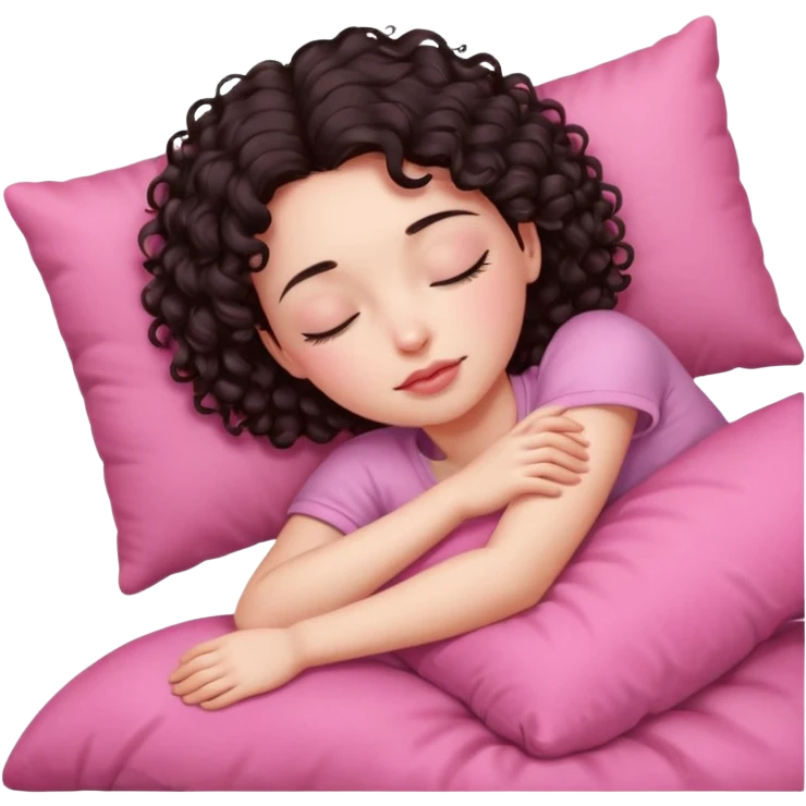 Sleeping girl on pink pillow dark curly hair pale skin emoji