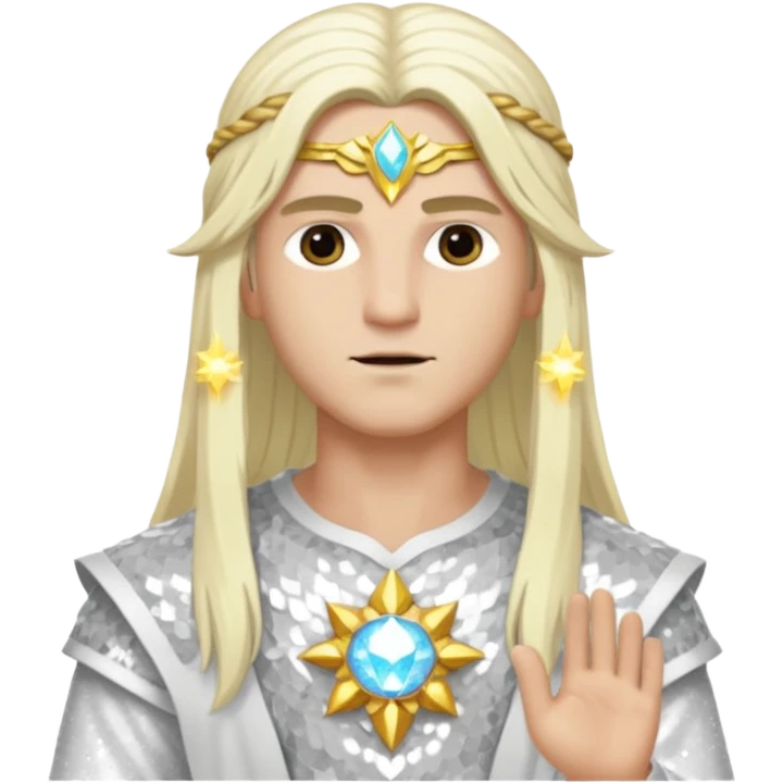 Baldr, God of Light from Gods and Goddesses with long white blonde hair, white sequin outfit emoji