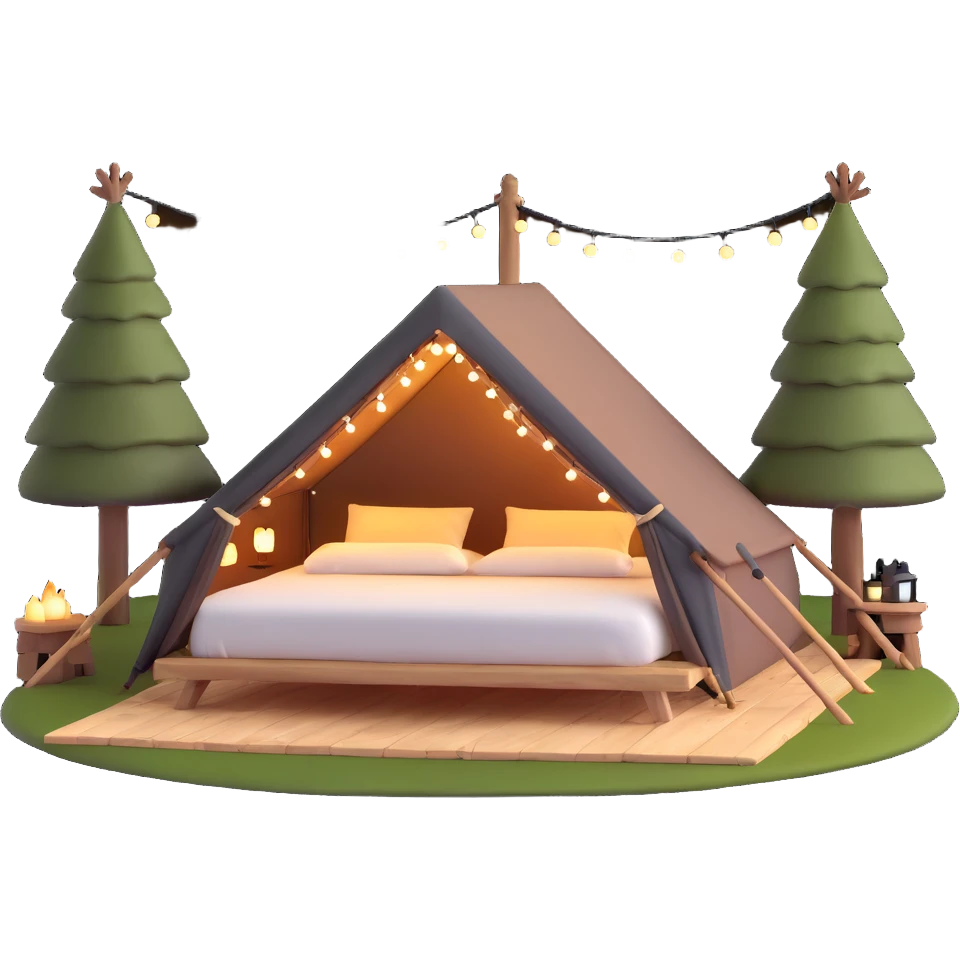 glamping luxury tent with string lights and comfortable bed emoji