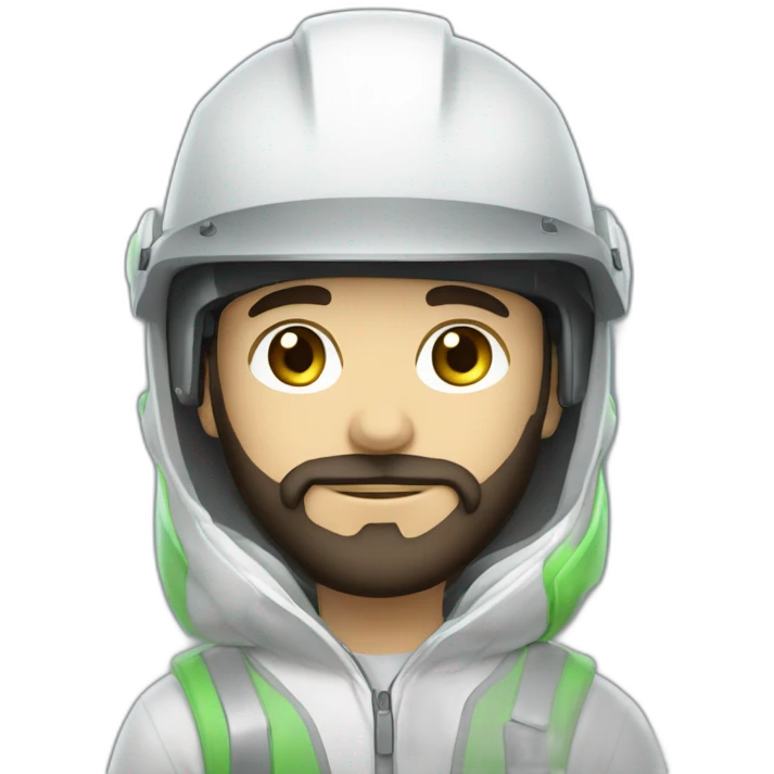 A young Mechanical engineer with a light black beard, a white helmet and a phosphorescent protection jacket emoji