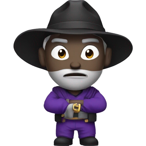white skin black purple clothes angry face hat with a cross belt pose one hand on the right side head tilted emoji