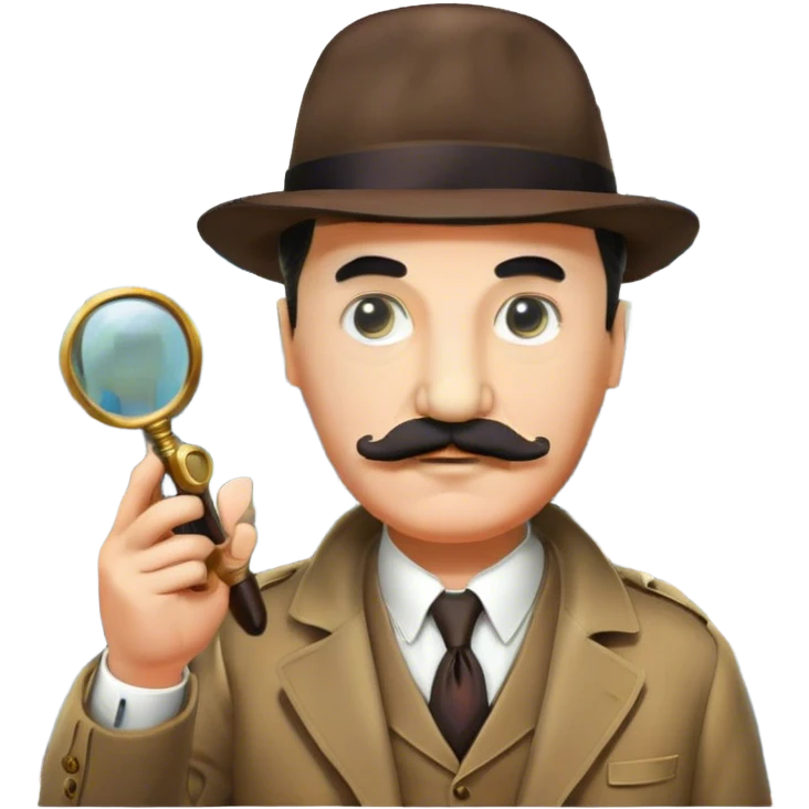 A colorful collage featuring Detective Poirot Detective Poirot with a long curling moustache, with a magnifying glass, revolver and a mysterious city backdrop. Include a board with photos of suspects, fingerprints, and a crime scene. Retro movie poster style. Transparent background. emoji