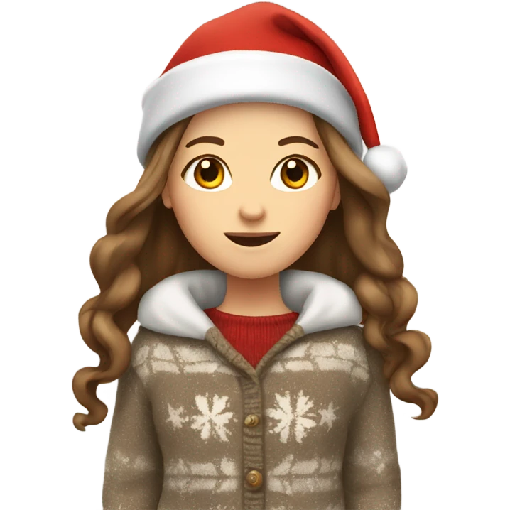 White girl with long brown hair wearing a santa hat and sweater emoji