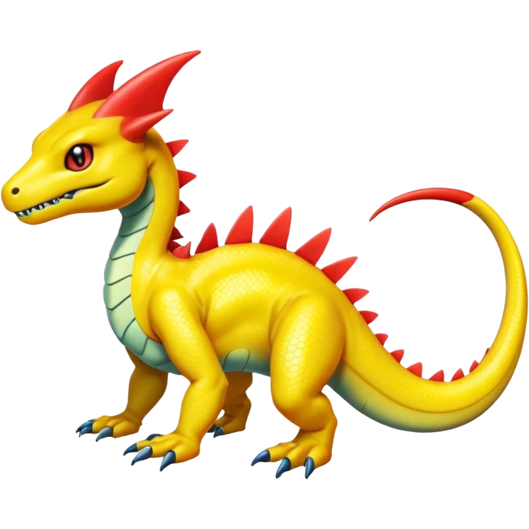 Cute Shiny yellow iridescent Guilmon-Salandit-Fakémon-hybrid-creature (full body)  emoji