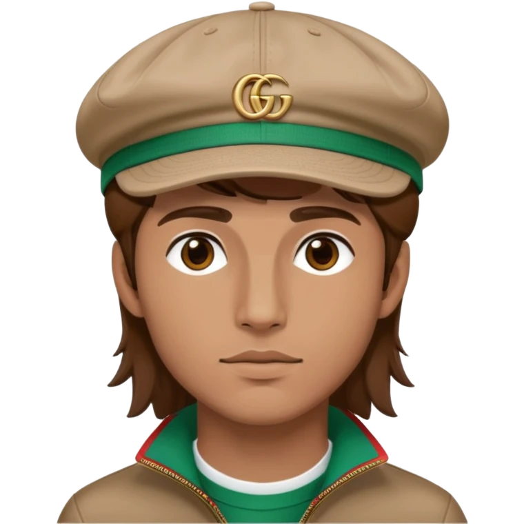 man with medium-length brown hair, wearing a Gucci cap emoji