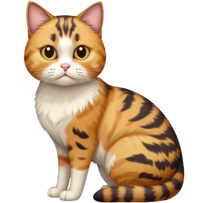 full body calico tabby cat with skinny head and fat body with an anxious face emoji
