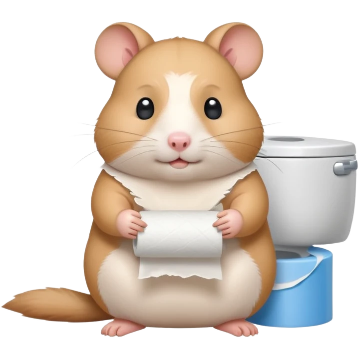 Cute chubby cartoon-style hamster holding toilet paper sitting on toilet looking as if he had an accident, sticker-style illustration emoji