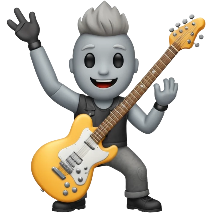 a rock with a happy face that is holding up a rock and roll hand and an electric guitar emoji