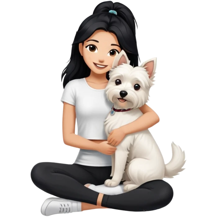 A girl with long black hair in a white crop top and black legging,she is smiling and hugging a west highland terrier with big ears  emoji