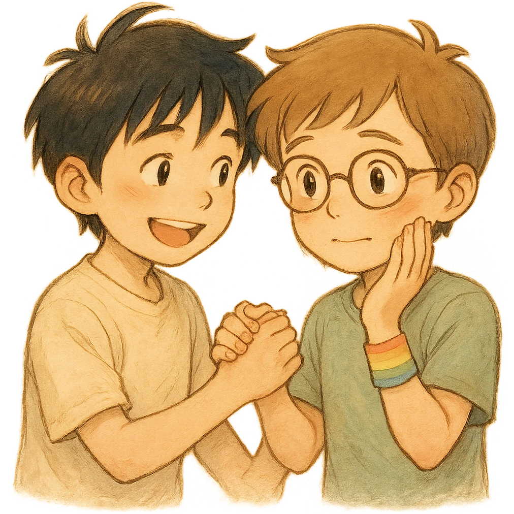 Anime boy holding hands with another boy, both smiling, rainbow wristband, shy expression, soft lighting, warm atmosphere, no background, detailed anime style with gentle colors and soft shadows. emoji