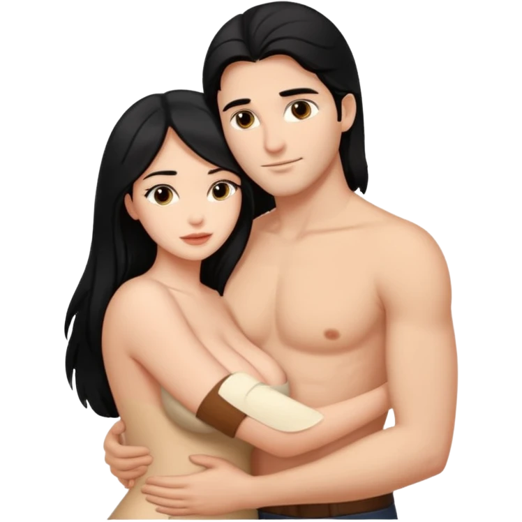 Мужчина и женщина голые в обнимку, у него тёмныеволосы, у неё черные длинные волосы. У неё большие сиски и большая жопа. Он по росту длинее emoji