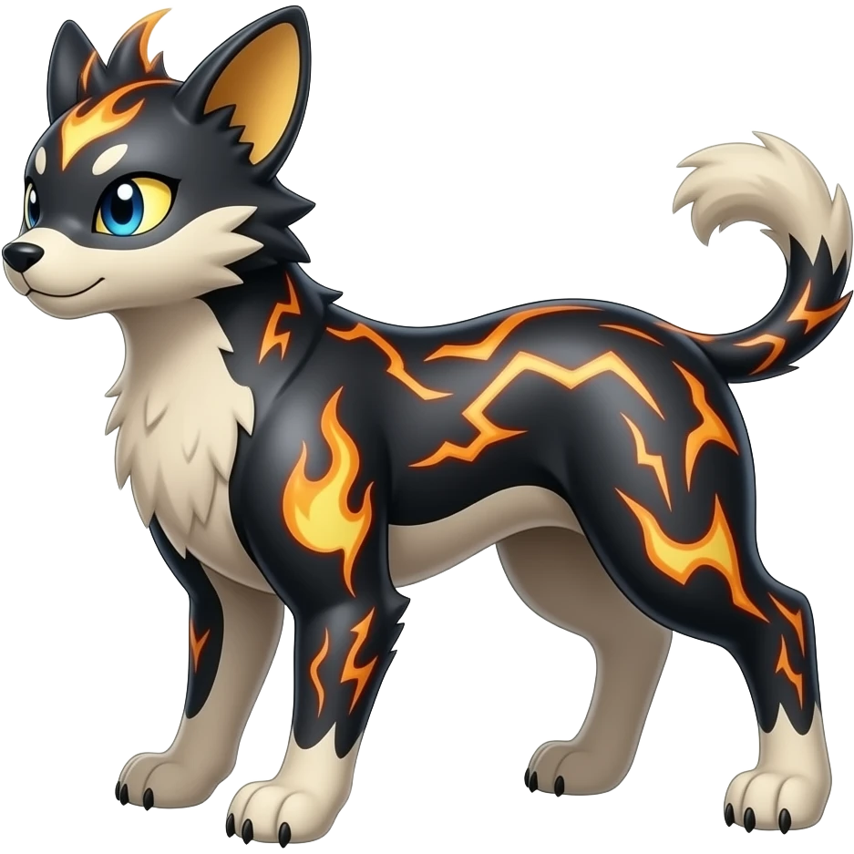 Digitigrade elemental realistic pretty elegant sleek shiny patterned quadrupedal Randomly patterned Shinx-Pyroar-Houndour-Arcanine-Electrike-animal-hybrid, full body, short fluffy tuft nub-tail emoji