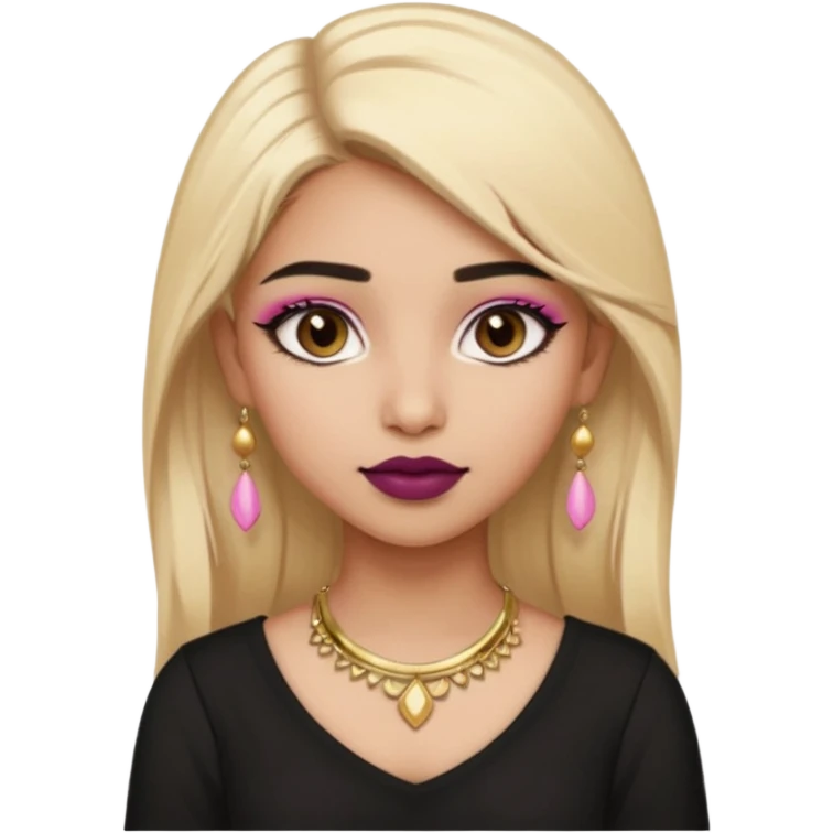 Sweet Indian girl blonde hair darkbrow eyes brown lipstick, pink blush, black top gold earrings, brown eyebrows gold eyeshadow  emoji