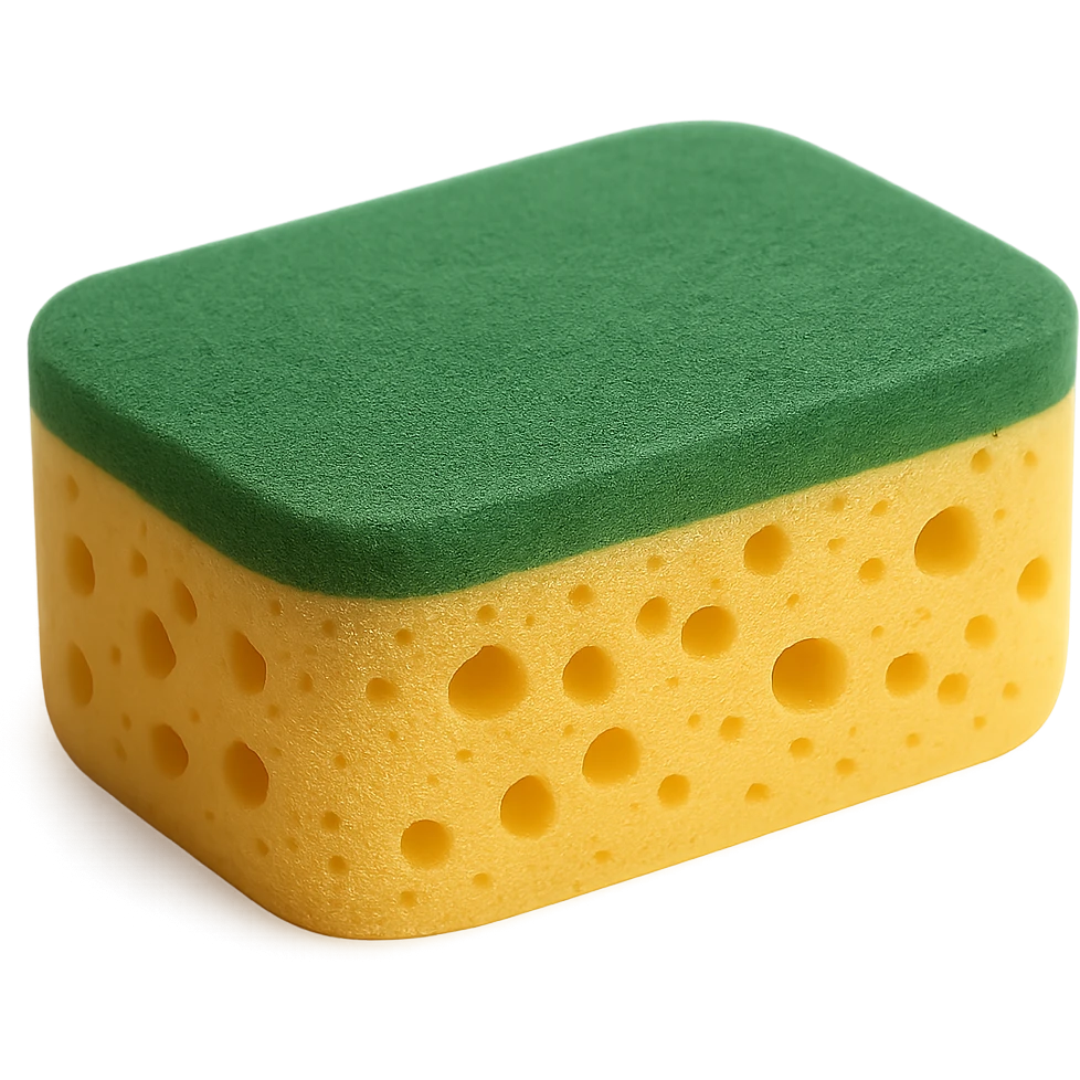 Show only one rectangular kitchen sponge with rounded edges. Dual-layer: soft, porous yellow base and green scrub layer on top. Texture is slightly springy and detailed, with tiny holes and surface grain. No soap, water, hands, or background elements, no faces. Clean, natural 3D rendering, soft lighting, subtle shadows, transparent background, emoji scale, optimized for clarity, texture, and recognizability at small size. The style should be clean and natural 3D rendering with soft lighting and subtle shadows, optimized for emoji scale. emoji