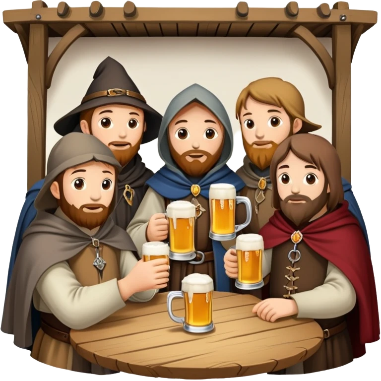 medieval pilgrims with cloaks drinking beer at a tavern emoji